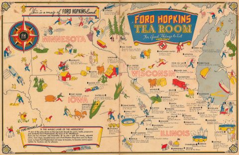 1940 Ford Hopkins Tea Room Pictorial Map of Illinois, Iowa, Minnesota, and Wisconsin
