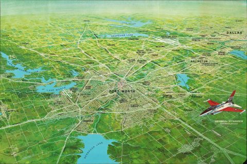 1975 General Dynamics Bird's-Eye View Map of Fort Worth, Texas