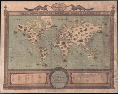 1917 Hanot Pictorial Wall Map of the World Fur Trade