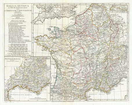 1794 Anville Map of Gaul (Gallia) or France in ancient Roman Times