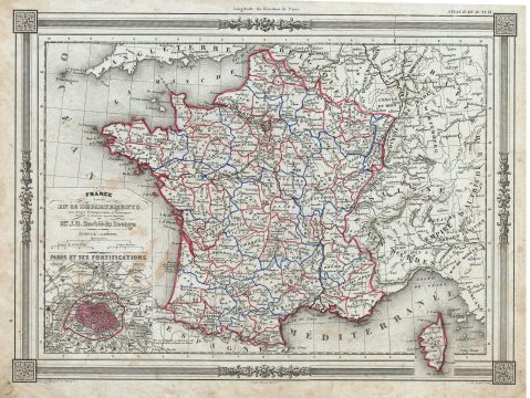 1852 Bocage Map of France in Departments