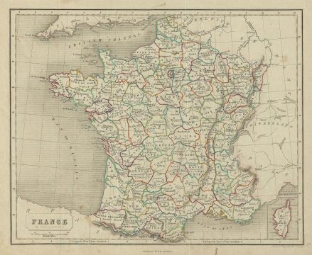 1845 Chambers Map of France in Departments