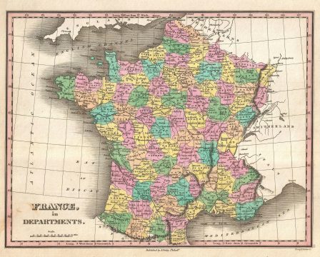 1827 Finley Map of France in Departments