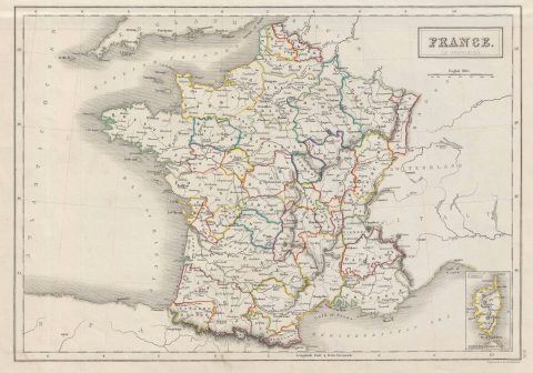 1840 Black Map of France in Provinces