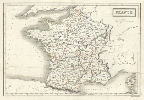 1844 Black Map of France in Provinces