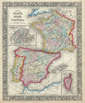 1860 Mitchell Map of France, Spain and Portugal