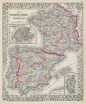1872 Mitchell Map of France, Spain and Portugal