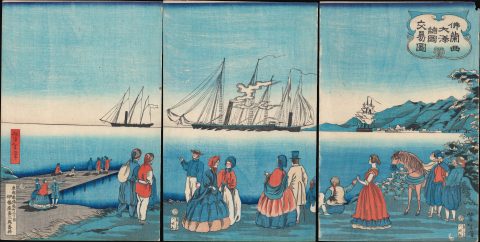 1866 Tsukioka Woodblock Ukiyo-e Triptych of French Ships Leaving Port