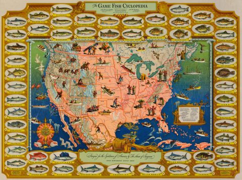 1947 Bemis Pictorial Fish / Angling Map of the United States
