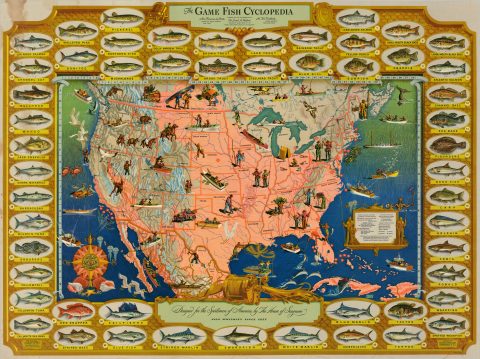 1947 Bemis Pictorial Fish / Angling Map of the United States