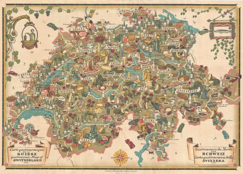 1939 Pictorial Swiss Tourism Gastronomical Map of Switzerland