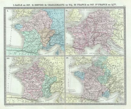 1874 Tardieu Map of Gaul or France in 507, 816, 987 and 1677