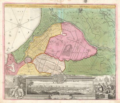 1730 Homann plan and view of Gdansk, Poland