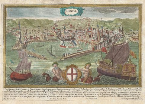 1725 Engelbrecht Map and View of Genoa, Italy