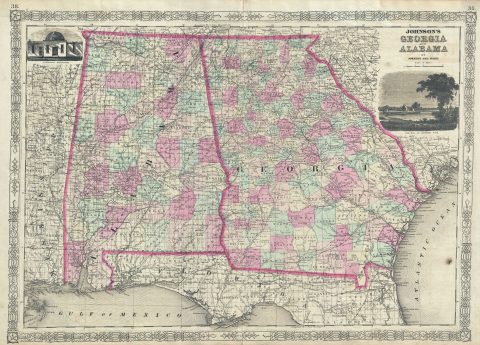 1863 Johnson Map of Georgia and Alabama