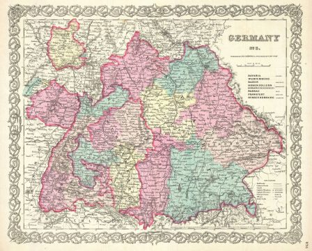1855 Colton Map of Bavaria, Wurtemberg and Baden, Germany