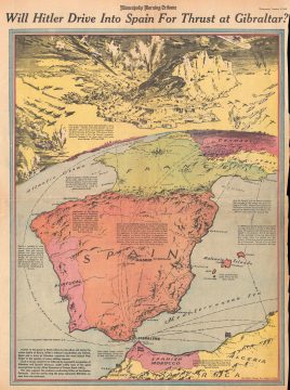 1943 Owens Pictorial Map of Possible Nazi German Attack on Gibraltar