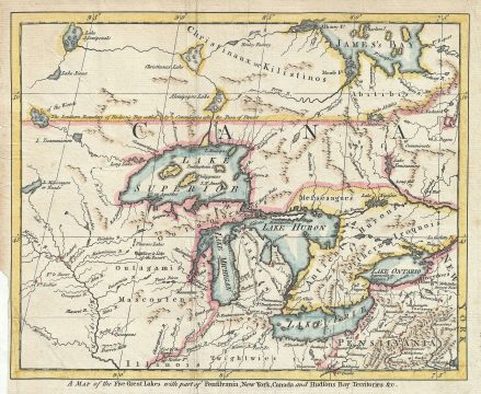 1755 London Magazine Map of the Great Lakes (Michigan, Wisconsin, Illinois, Pennsylvania, Canada)