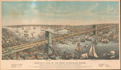 1883 Franklin Square Chromolithograph Bird's-Eye View of the Brooklyn Bridge, New York City