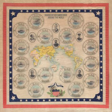 1909 Silk Souvenir Bandana Map of the World: Great White Fleet
