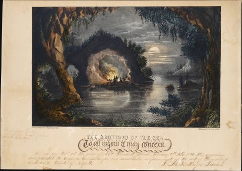1869 Currier and Ives Fantasy View of a Romantic Grotto, Inscribed as a Gift