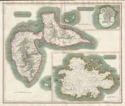 1815 Thomson Map of Guadaloupe, Antigua, Marie Galante ( West Indies )