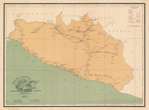 1934 Transportation Office Map of Guerrero (Acapulco), Mexico Postal Route