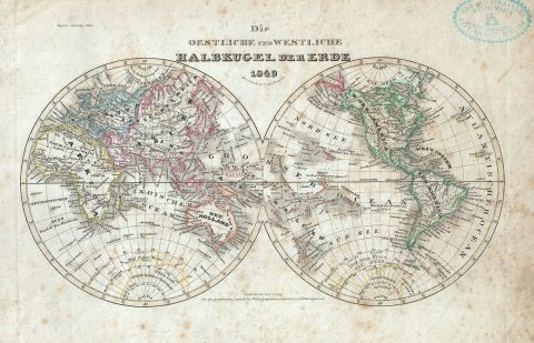 1849 Meyer Map of the World in Hemispheres