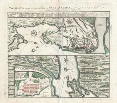 1757 Homann Heirs Map of Halifax, Quebec City, and Louisbourg, Canada