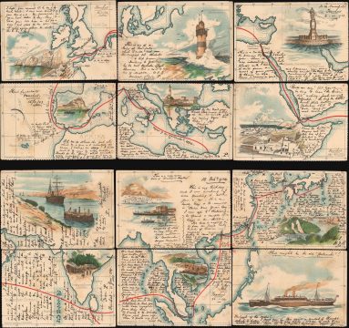 1903 Postcard Map of Sea Voyage from Hamburg, Germany to Yokohama, Japan