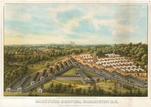 1864 Magnus Bird's Eye View of Harewood Hospital, Washington D.C.