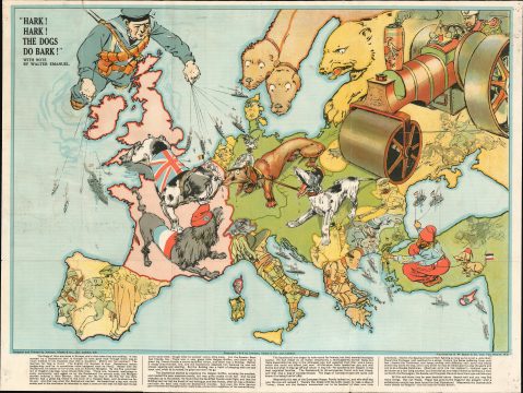 1914 Johnson / Riddle WWI Comic Map of Europe: Hark! Hark! The Dogs do Bark!