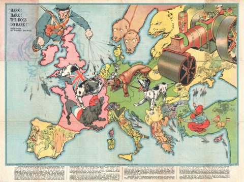 1914 Johnson and Riddle Serio Comic Map of Europe: Hark! Hark! The Dogs do Bark!