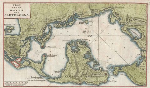 1765 Isaak Tirion Map of Cartagena Harbor, Colombia