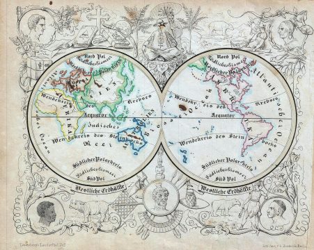 1846 Lowenberg Whimsical Map of both hemispheres