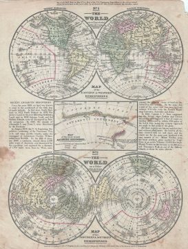1839 Mitchell Map of the World in Hemispheres (Northern, Southern, Eastern and Western)