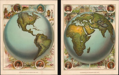 1885 Monteith Chromolithograph Map of the World in Hemispheres