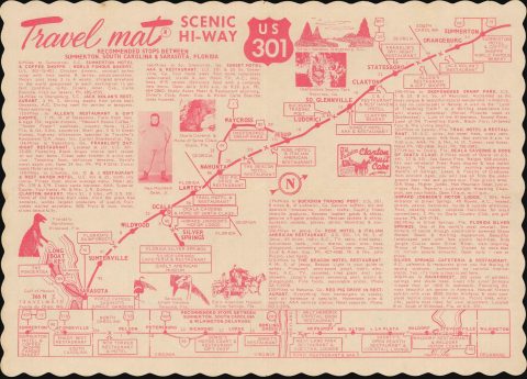 1965 Travelmat Place Mat Map of Highway 301 in Georgia and Florida