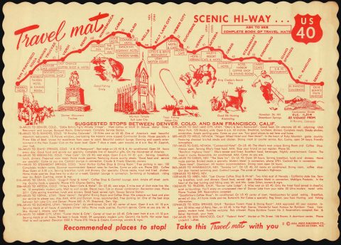 1954 Travelmat Place Mat Map of Highway 40 in California, Nevada, Utah, and Colorado