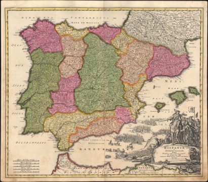 1710 Homann Map of Iberia (Spain and Portugal), War of the Spanish Succession