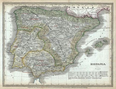 1852 Meyer Map of Hispania or Spain and Portugal under the Roman Empire