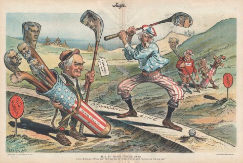 1899 Gillam Political Cartoon of a Golf Game Over the Alaska Border Dispute