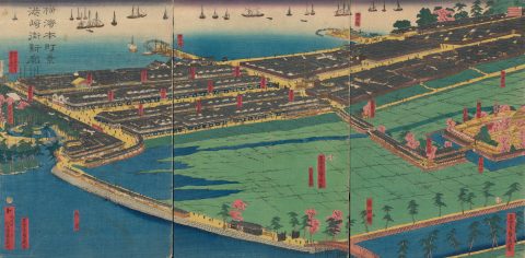1860 Sadahide Ukiyo-e View of Yokohama, including the Miyozaki Pleasure Quarter