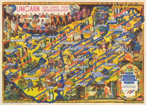 1935 Erno Pictorial Gourmet Food Map of Hungary