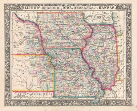 1861 Mitchell Map of Illinois, Missouri, Iowa, Nebraska, and Kansas