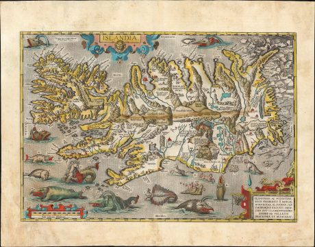 1587 / 1595 Abraham Ortelius Map of Iceland Surrounded with Monsters