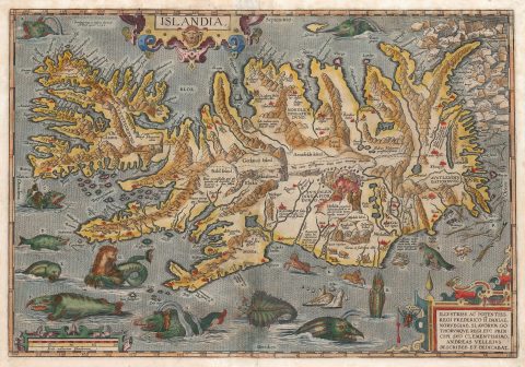 1587 / 1602 Abraham Ortelius Map of Iceland Surrounded with Monsters
