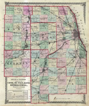 1872 Beers Map of Cook, Du Page, Kane, Kendall and Will Counties of Illinois