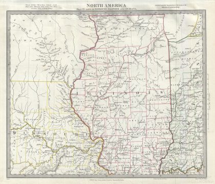 1833 S.D.U.K. Map of Missouri, Illinois, Iowa and Indiana