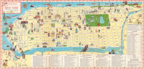 1956 Moss Pictorial Map of Manhattan, New York City